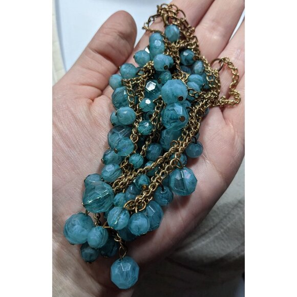 Cascading Aqua Blue Beaded Necklace On Gold-Tone Chain - Picture 3 of 5